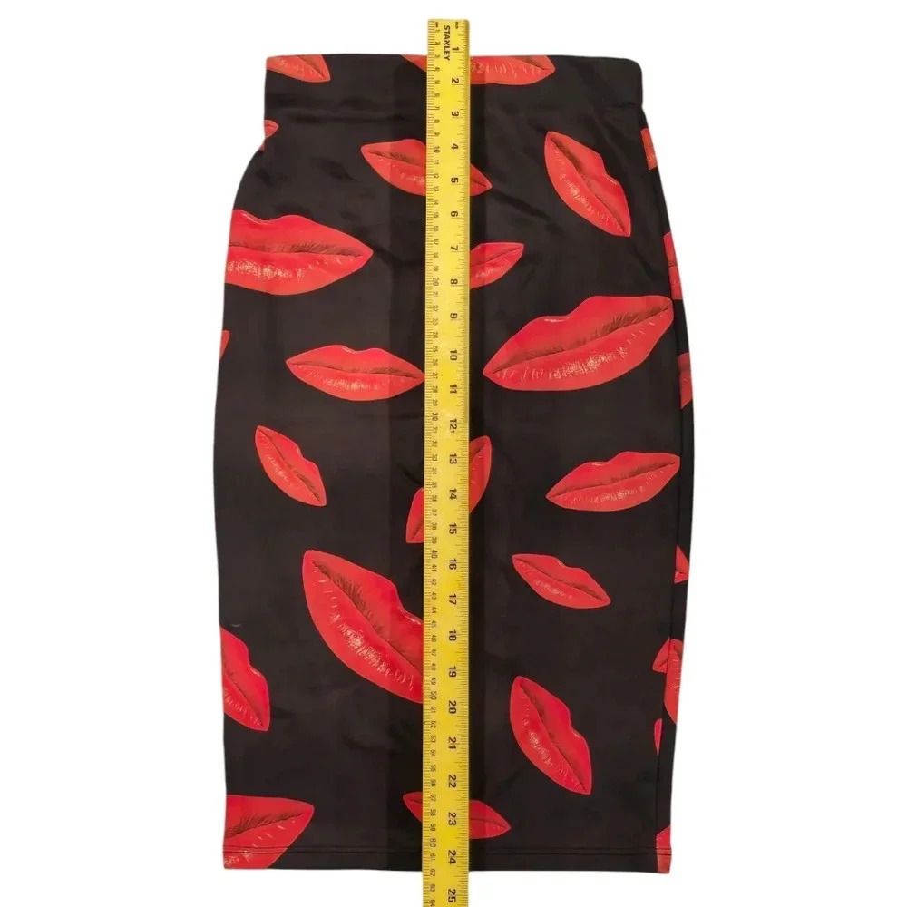 Codigo Black Red Lipstick Lip Bodycon Stretchy Pencil Skirt - Picture 4 of 6